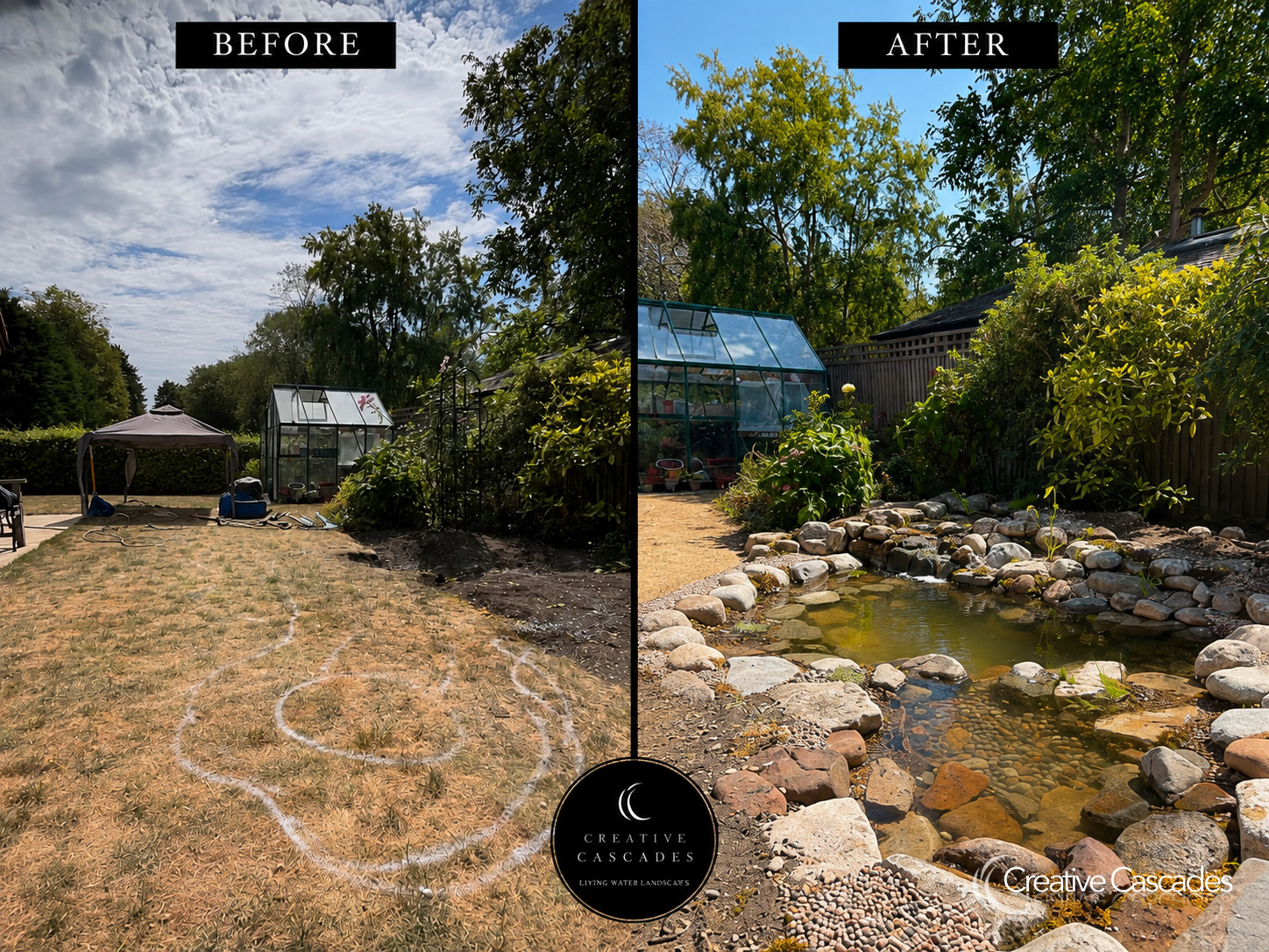 Before and After  - Landscaping and Water Features -  Creative Cascades